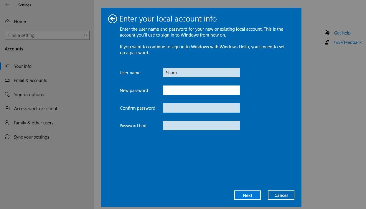 在 Windows 10 设置应用程序中设置本地帐户