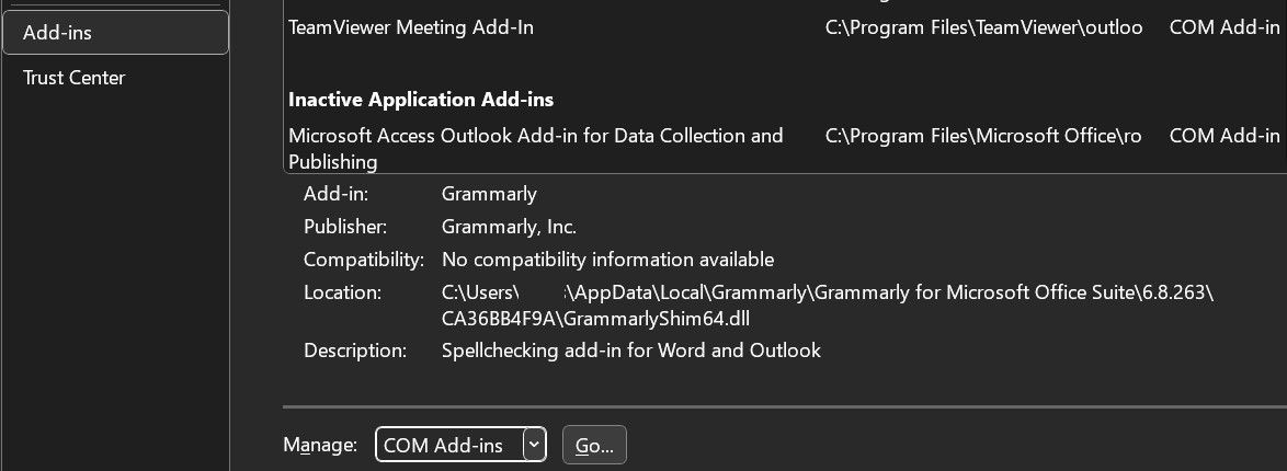 从 Outlook 的“管理”下拉菜单中选择“COM 加载项”选项后，单击“执行”按钮
