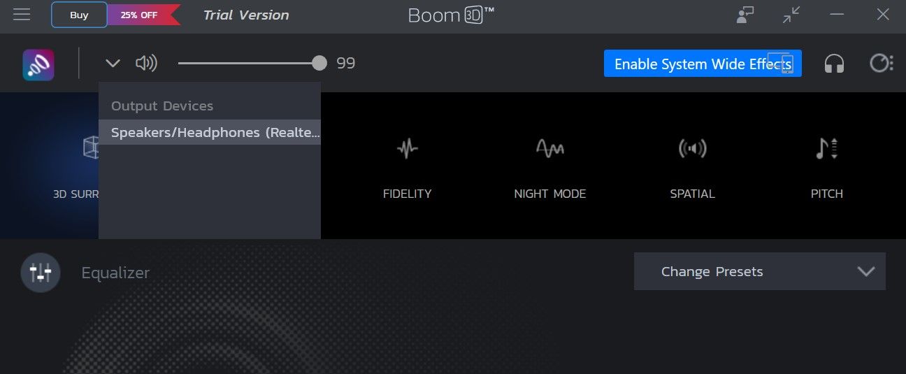 在 Boom 3D 应用程序中选择音频输出设备后启用和调整某些效果