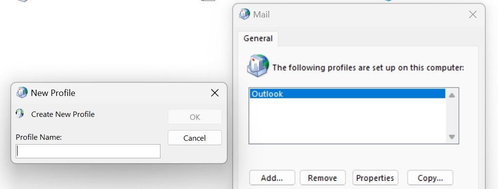 单击 Windows 控制面板中“邮件 Microsoft Outlook 设置”中“显示配置文件”菜单中的“添加”按钮