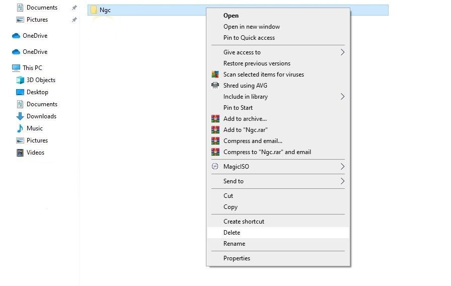 在 Windows 10 中删除 Ngc 文件夹