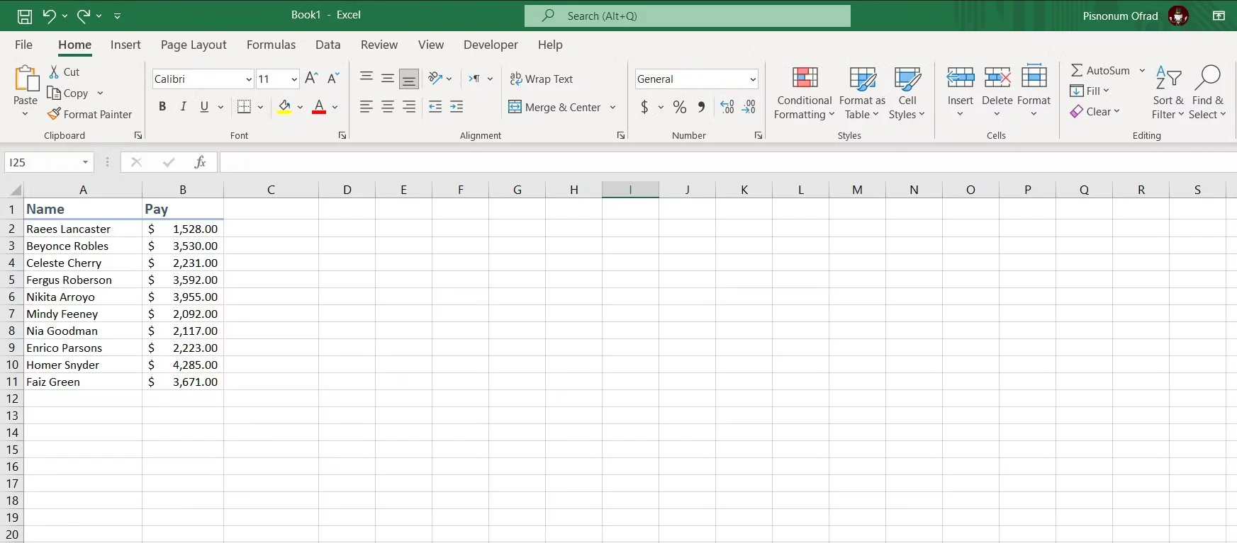 Excel 中的示例电子表格