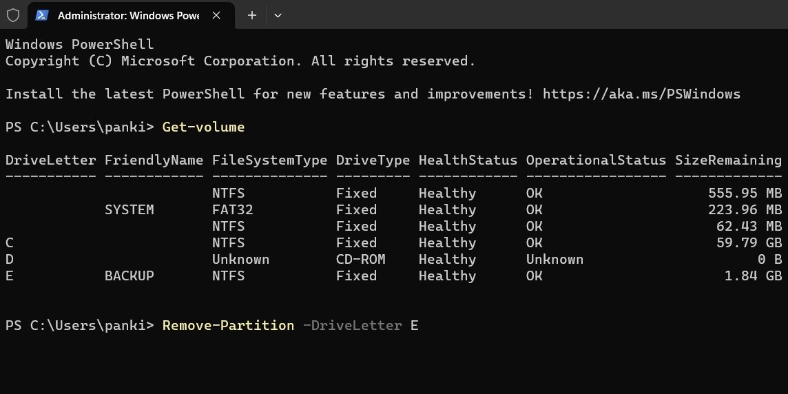 使用 PowerShell 删除驱动器分区