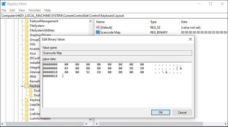 修改键盘布局扫描码映射二进制值注册表编辑器
