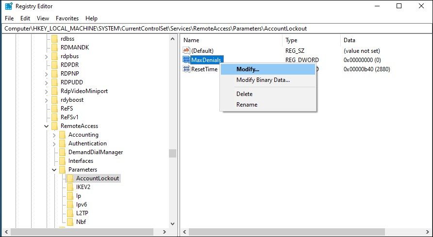 修改Maxdenials注册表DWORD值注册表编辑器1