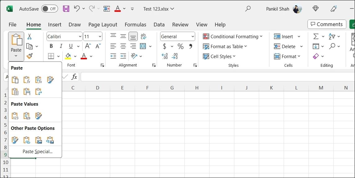 Excel 中的粘贴选项