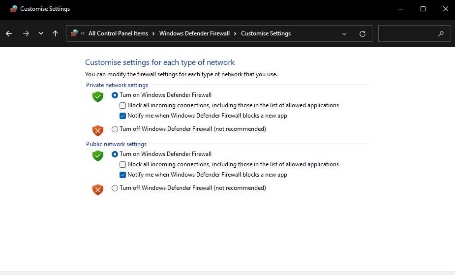 关闭 Windows Defender 防火墙选项 