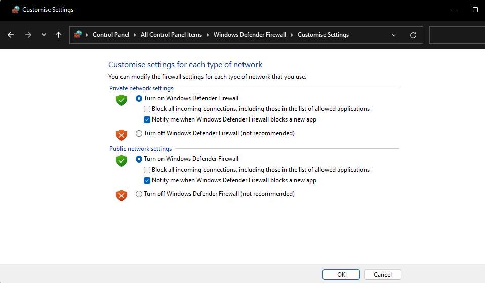 关闭 Windows Defender 防火墙选项