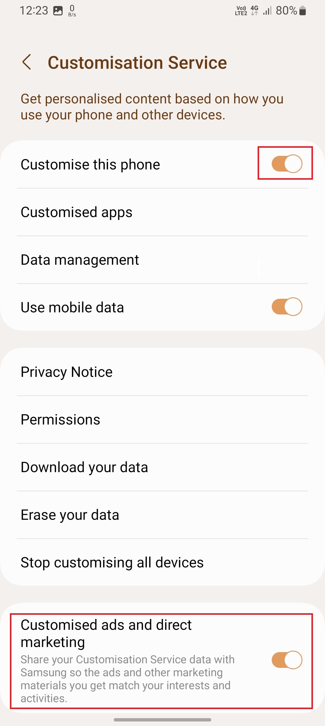 关闭定制广告和直接营销