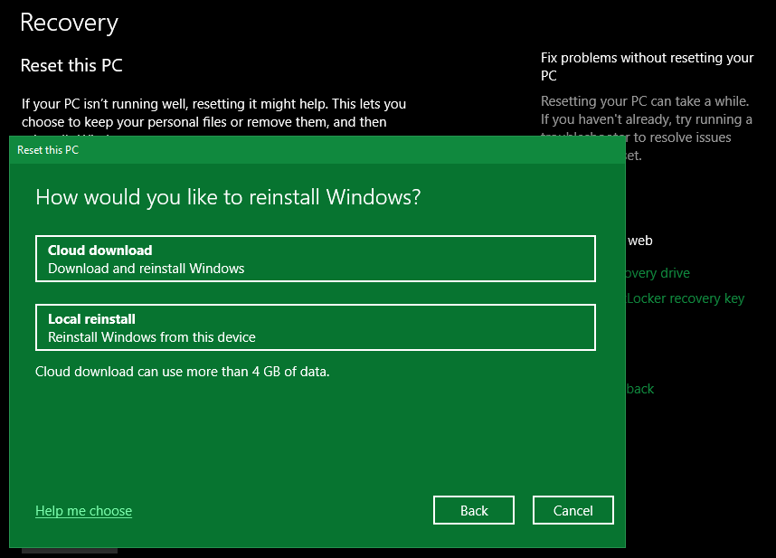 Windows 10 云重新安装选项
