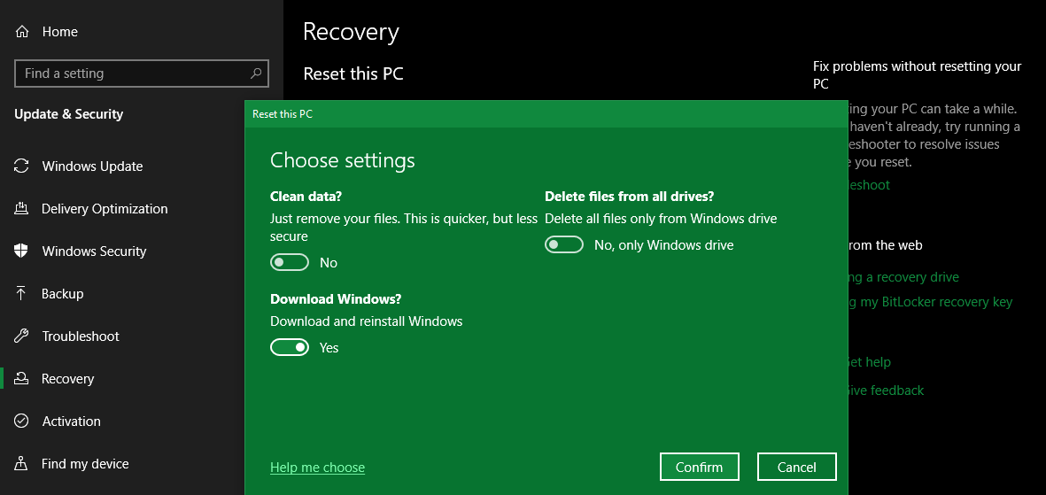 Windows 10 重置电脑选项