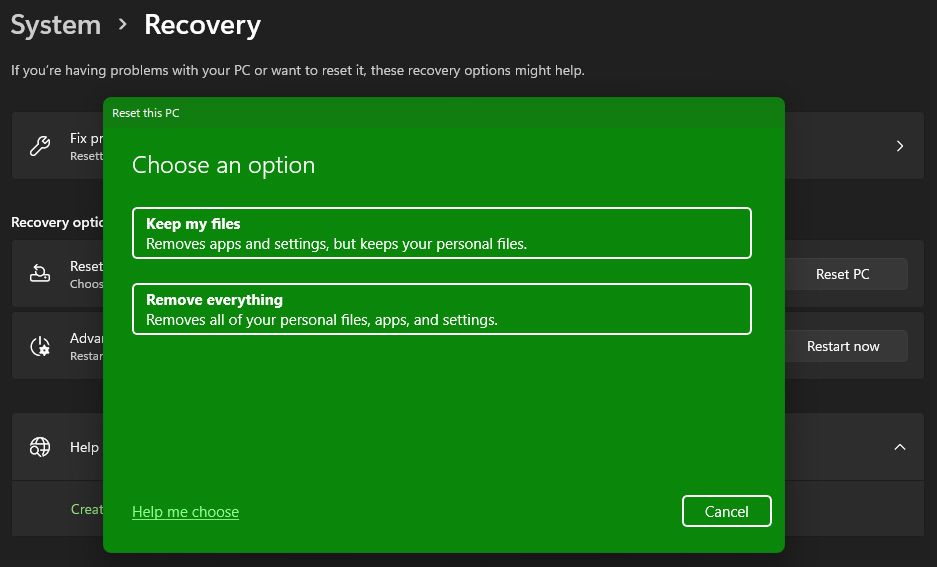 Windows 11 恢复出厂设置保留文件选项