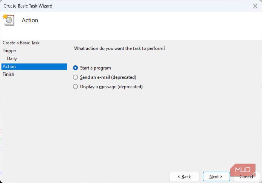 在 Windows 上的任务计划程序中选择操作