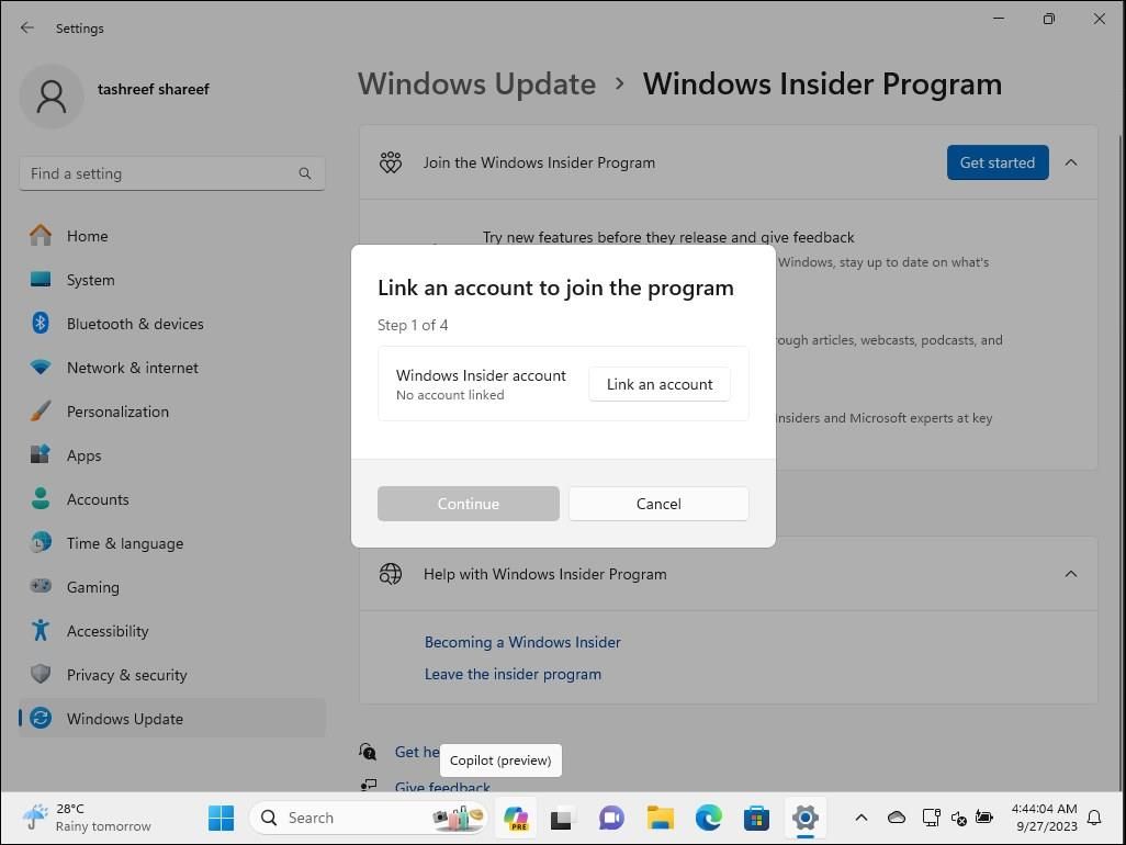 链接帐户 加入内部计划 Windows 11