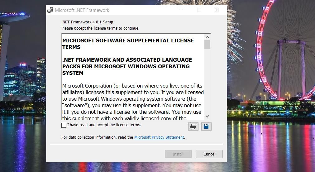 Microsoft .NET Framework 安装窗口 