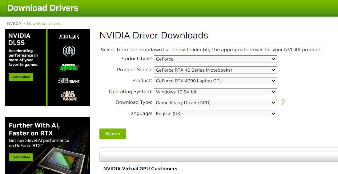 NVIDIA 驱动程序下载页面 
