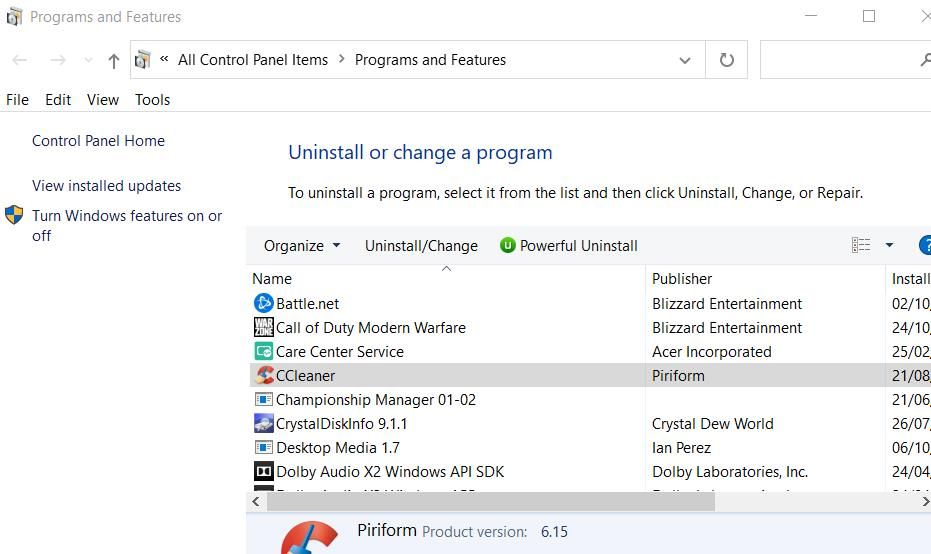 CCleaner 的卸载选项 