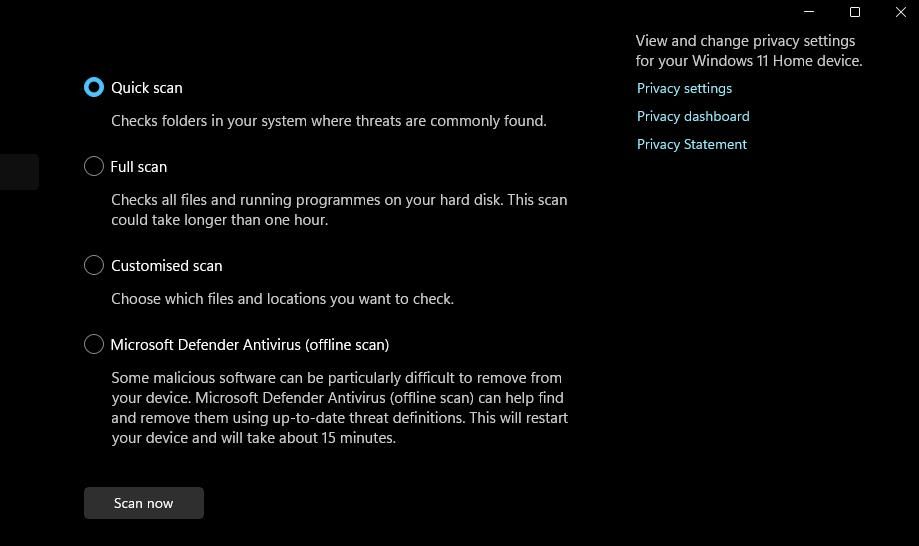 Windows 安全中的防病毒扫描选项 