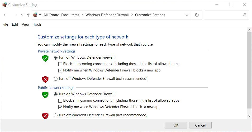 关闭 Windows Defender 防火墙选项 