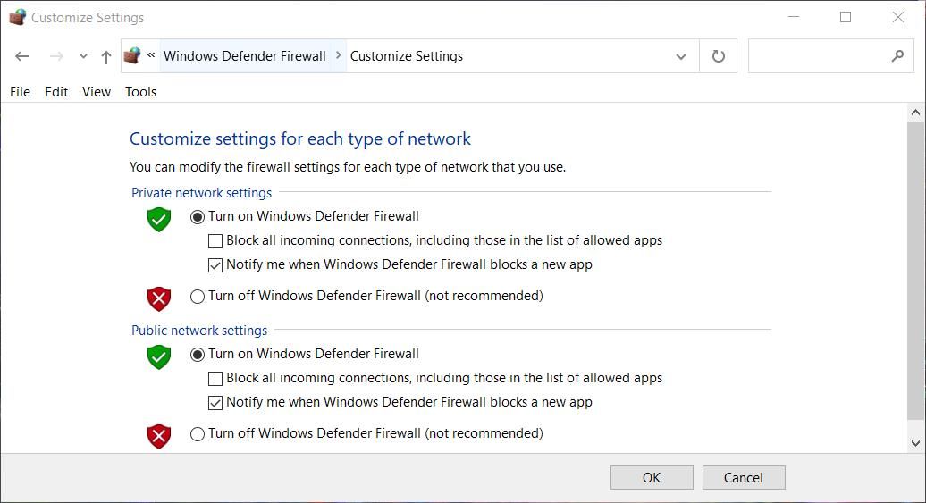 关闭 Windows Defender 防火墙单选按钮 