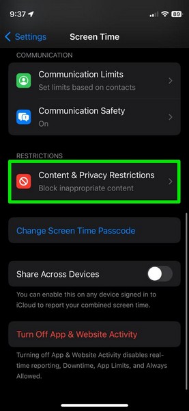 在 iPhone 1 上允许“屏幕时间”中的内容和隐私中的“隔空投送”