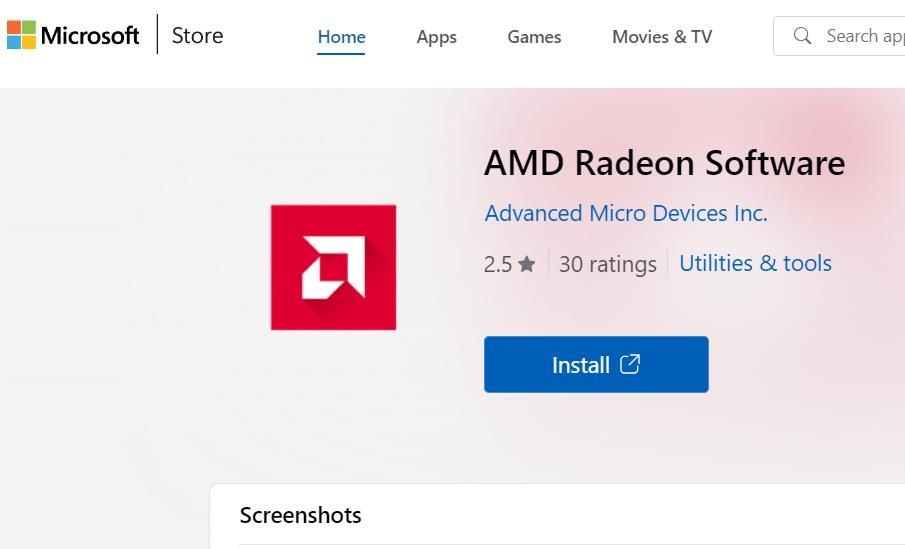 Microsoft Store 上的 AMD Radeon 软件页面