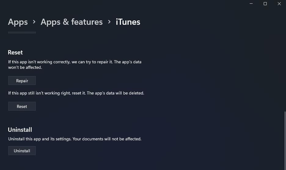 iTunes 的修复和重置选项