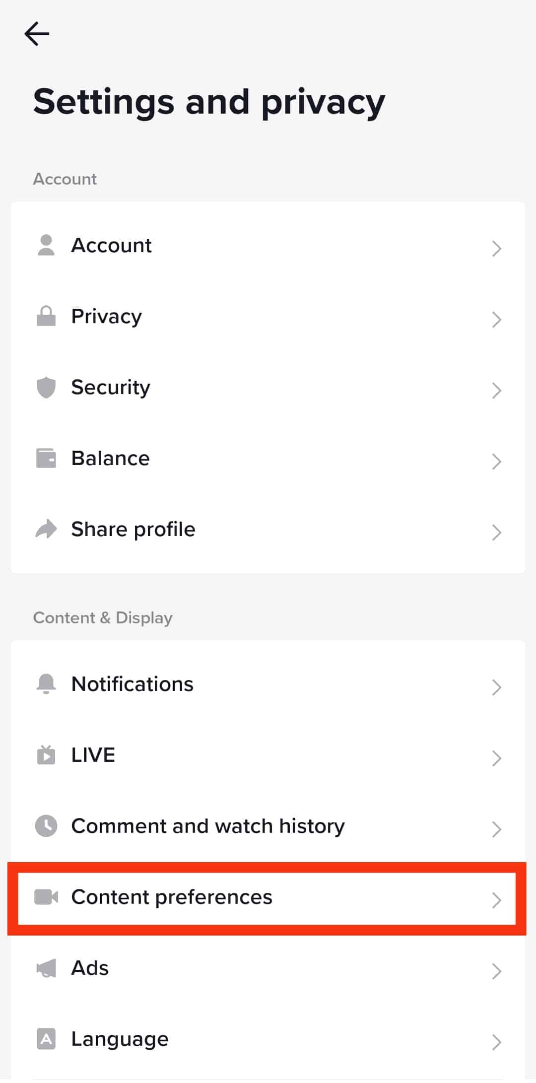 向下滚动并选择内容首选项