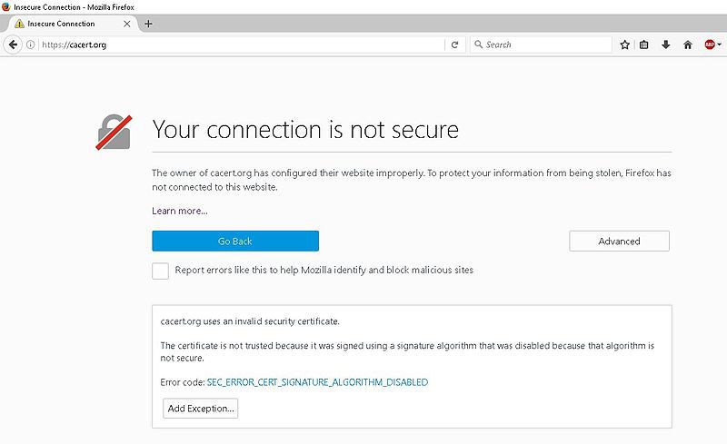 Firefox Insecure connection on CACert 5e485d89abc5433bb28cee215df06feb