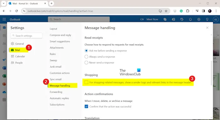hide shopping related message in outlook
