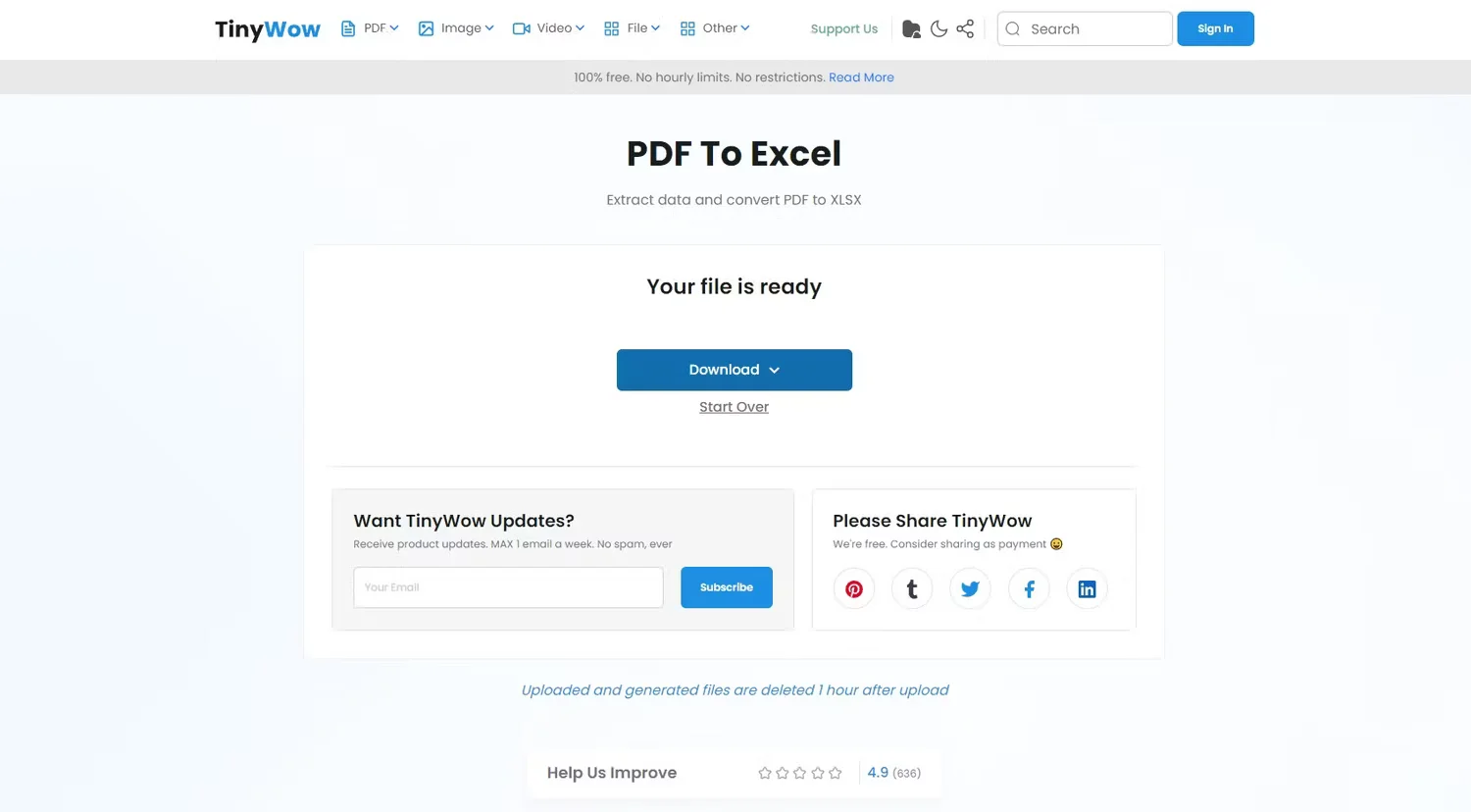 使用TinyWow将PDF文件转换为XLSX