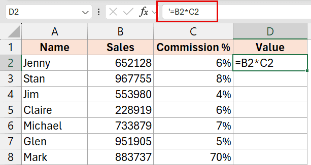 公式显示为公式前有撇号