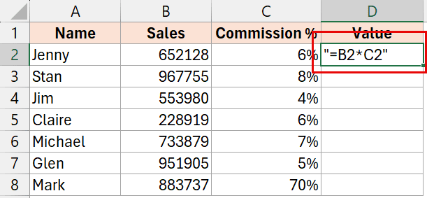 显示公式而不是结果，因为公式周围有双引号