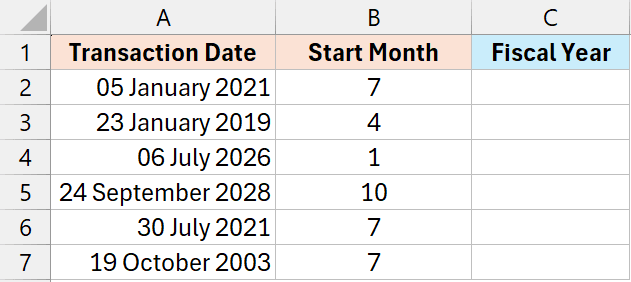 用于从每个会计年度第一个月的日期计算会计年度的数据集