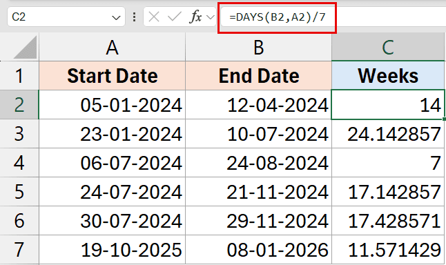 DAYS 公式获取 Excel 中日期之间的周数