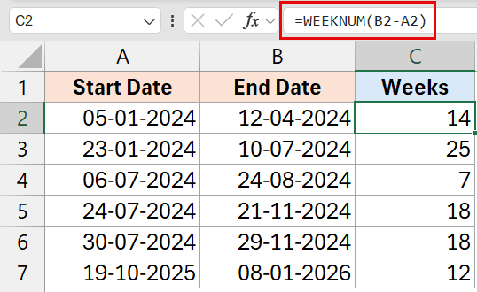 WEEKNUM 公式可获取 Excel 中日期之间的周数