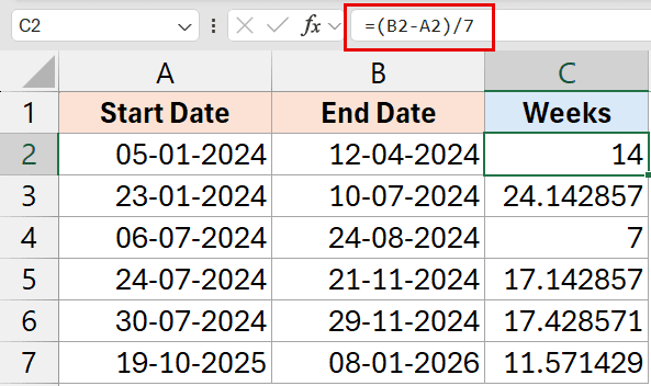 减去公式以获取 Excel 中日期之间的周数