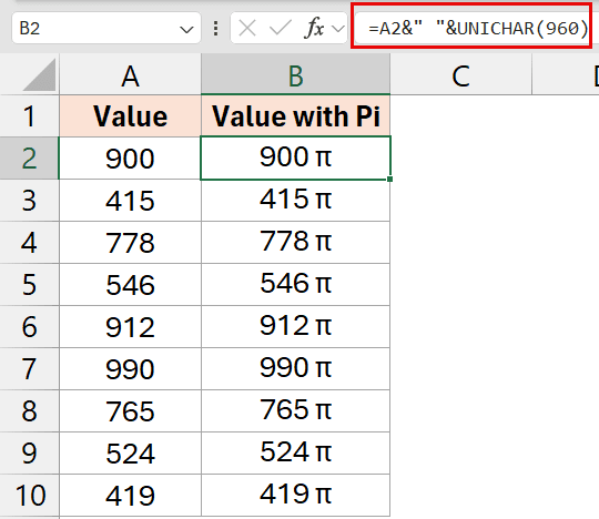 将 pi 符号添加到值的公式