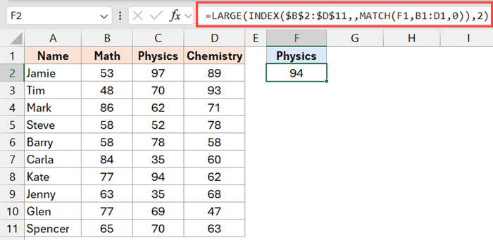 Large 和 Index 函数可按条件查找第二大值