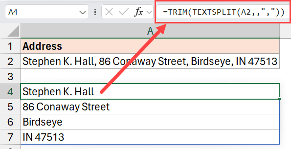 TRIM 和 TEXTSPLIT 函数用于文本到行