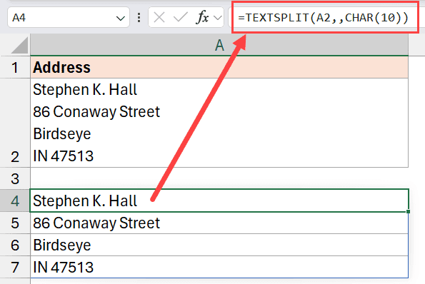 Textsplit 函数使用行空间作为分隔符将文本转换为行