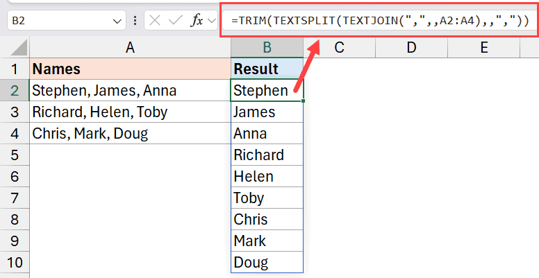TEXTJOIN 和 TEXTSPLIT 函数可按分隔符分割文本并合并在一列中