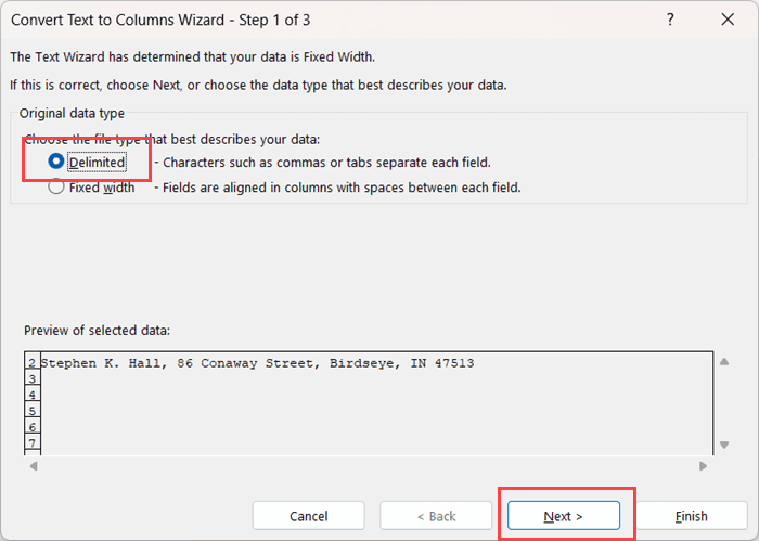 选择分隔选项并单击下一步
