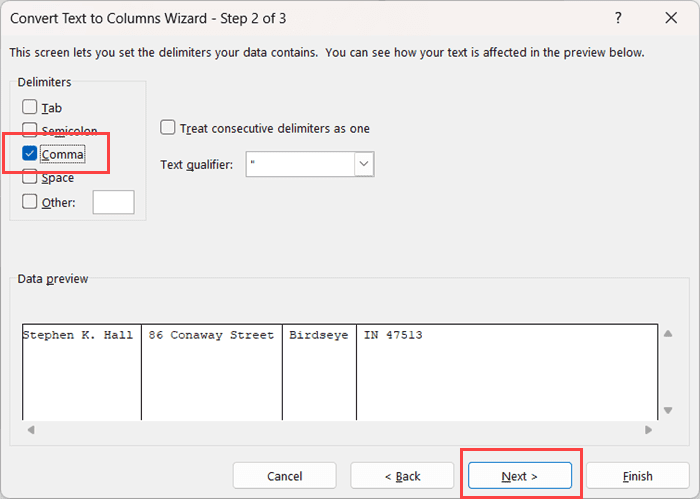 选择, 作为分隔符,然后单击下一步