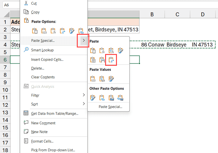 单击将值粘贴为转置图标