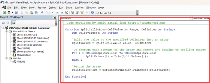 将 vba 代码复制并粘贴到模块代码窗口中