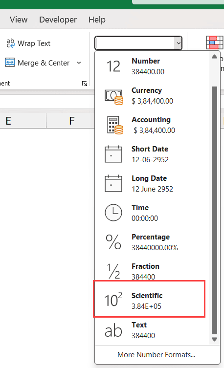 从数字格式下拉列表中选择科学格式