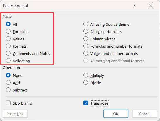 粘贴特殊对话框中的粘贴选项