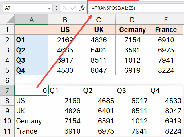 Excel 中的 TRANSPOSE 函数将列转换为行