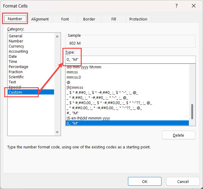 在类型字段中输入百万格式